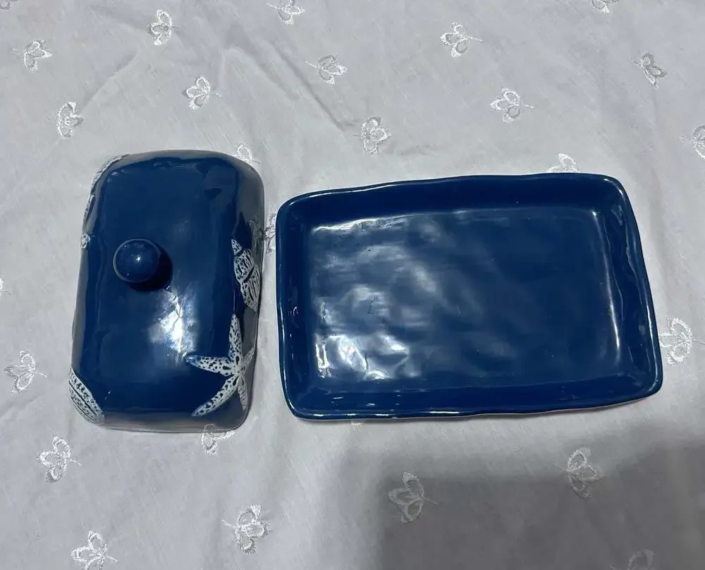 Navy Coastal Ceramic Butter Dish Seashell Starfish Embossed Detail